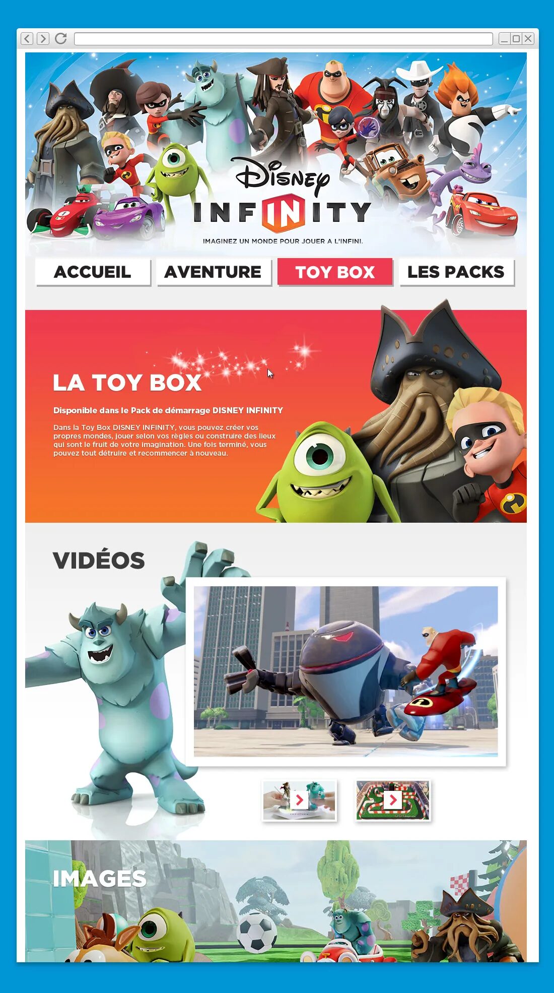 Disney Infinity home page with Toy Box menu, Disney/Pixar characters and promotional video game artwork