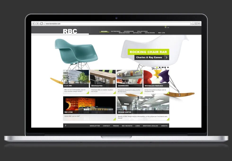 RBC Furniture Home Featuring Design Furniture Website, Eames Rocking Chair, Content Blocks and Catalog Interface