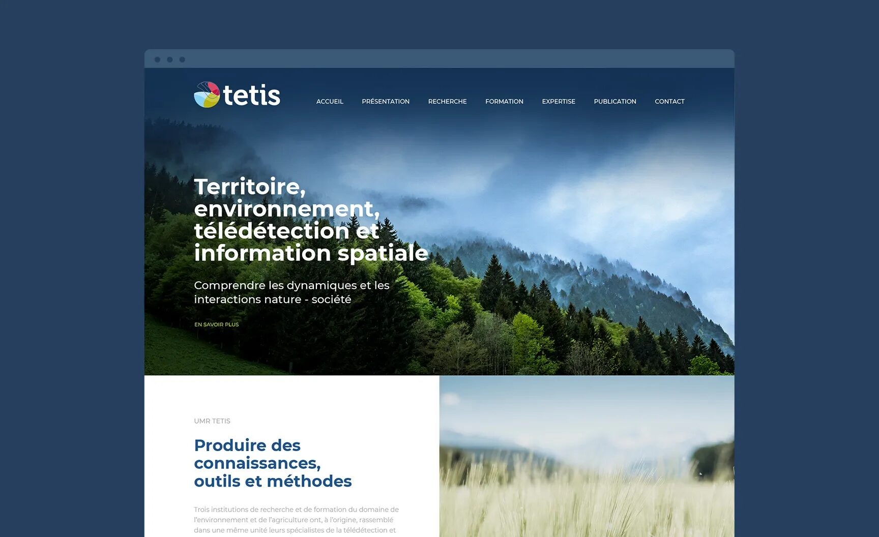Interface of the desktop home page of the research site of the UMR Tetis.