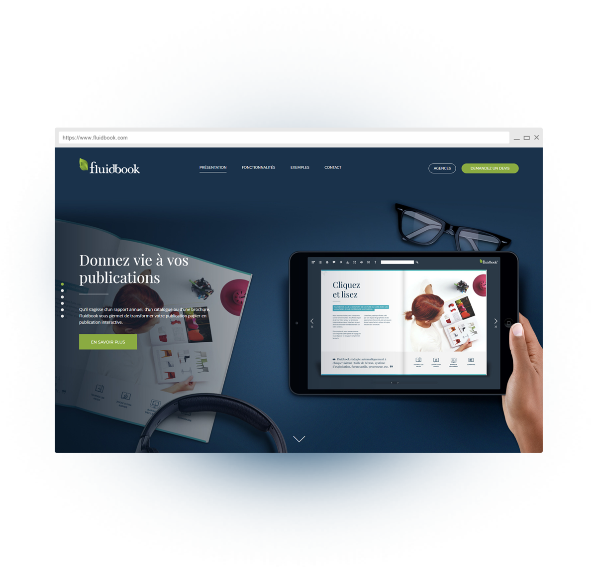 Fluidbook homepage presenting an interactive online catalog solution, with tablet displaying a digital publication and call for quotes