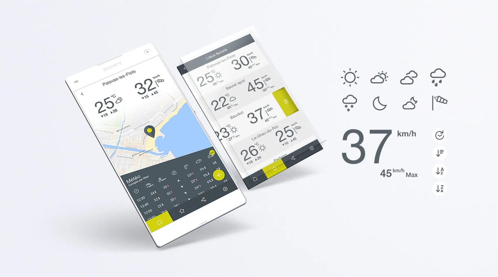 Wezr mobile app displaying local weather forecast, temperature, wind and weather icons for outdoor activities