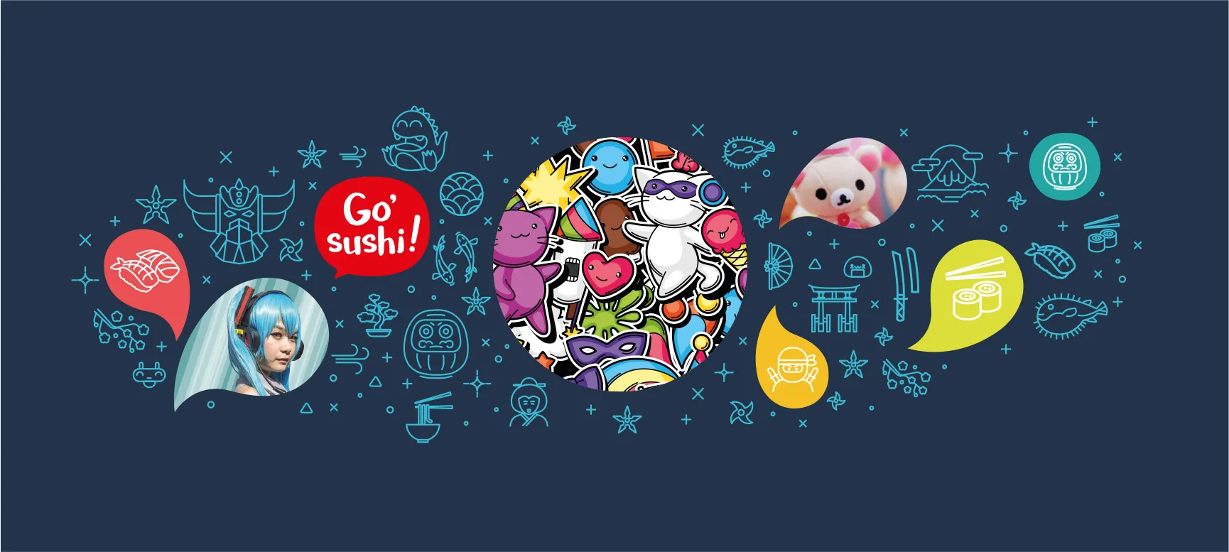 Go Sushi graphic banner with Japanese pictograms, colorful illustrations, restaurant logo and manga pop culture vibe.