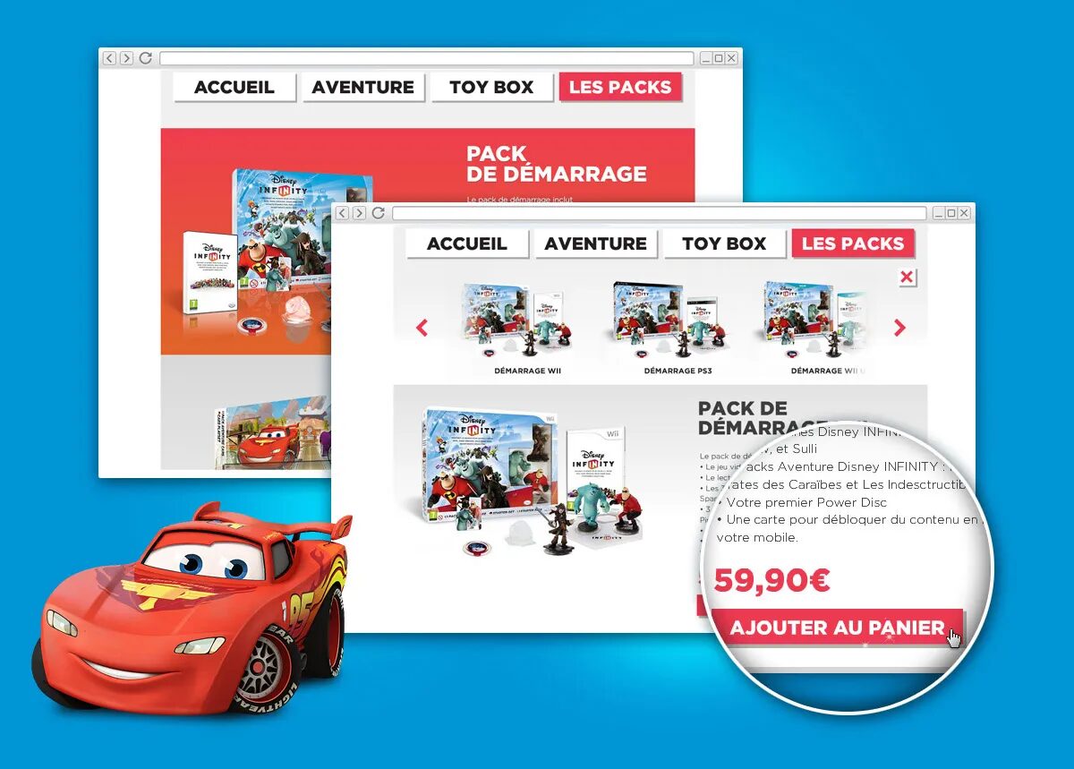 Disney Infinity Store visual showing the starter packs, with product sheet, price and "Add to cart" button