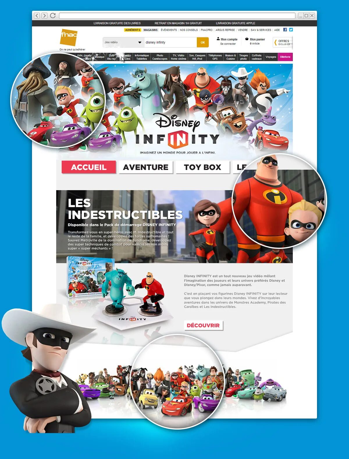 Fnac store page dedicated to Disney Infinity, with promotional mini-site, Disney Pixar characters and navigation by game world
