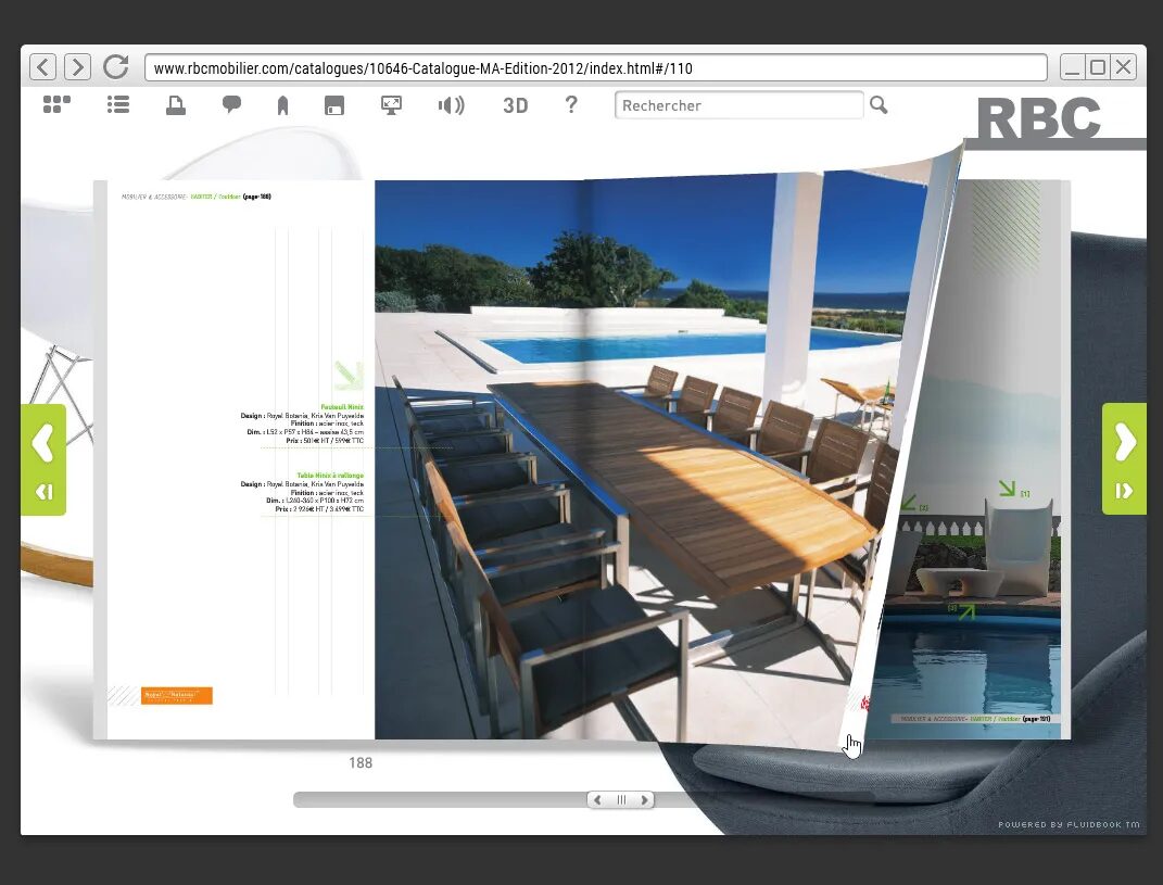 RBC Furniture Catalog Interface with online flippable page, outdoor furniture, interactive navigation and Fluidbook page-turning effect