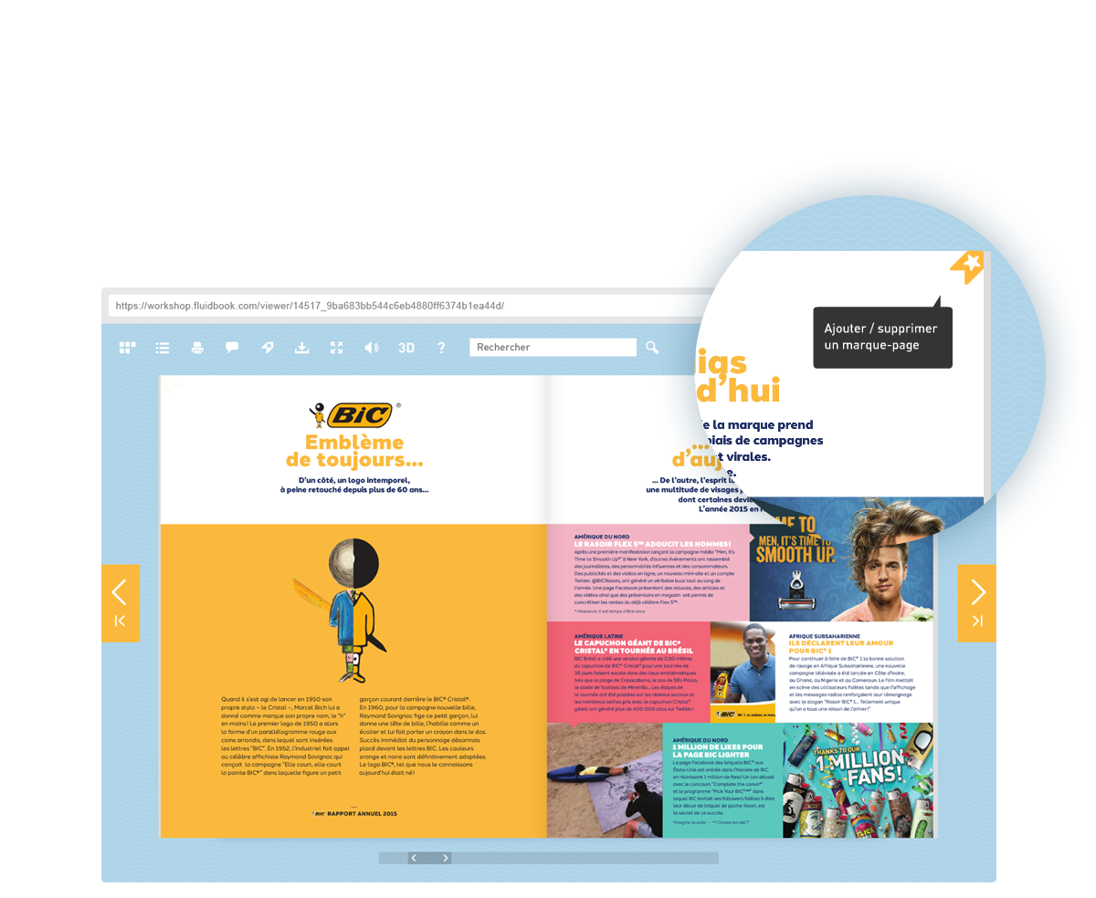 Fluidbook interface with interactive catalog, online reading, search, page navigation and bookmarking function