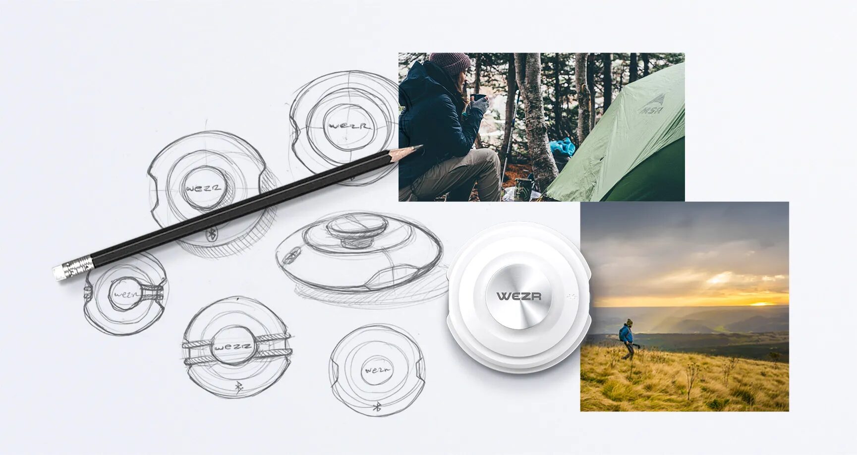 Design and usage visuals of the Wezr connected nomadic weather station, from the sketch produced to the hiking and camping tests
