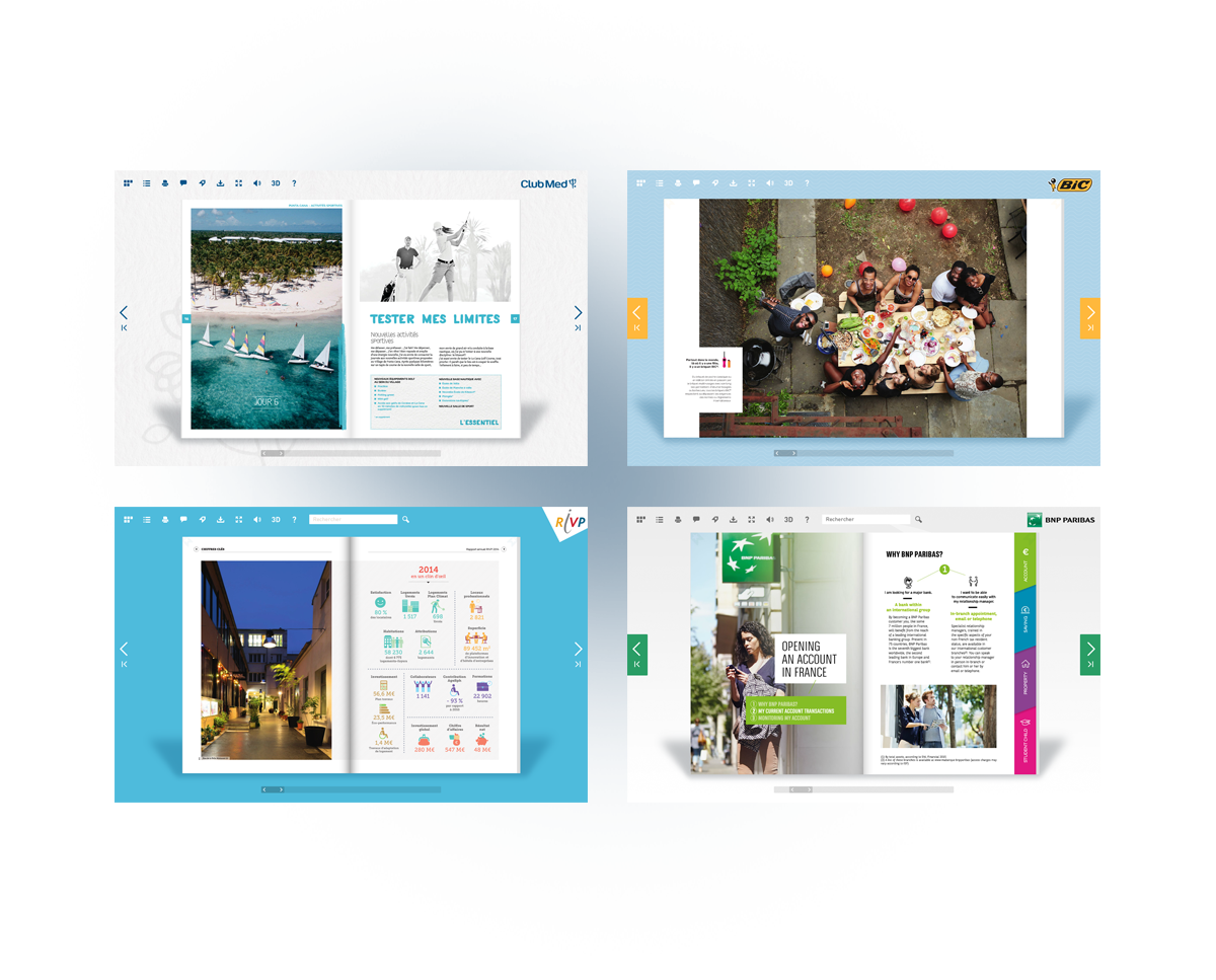 Examples of Fluidbook interfaces displaying interactive catalogs for brands, with online navigation, flippable pages and responsive media