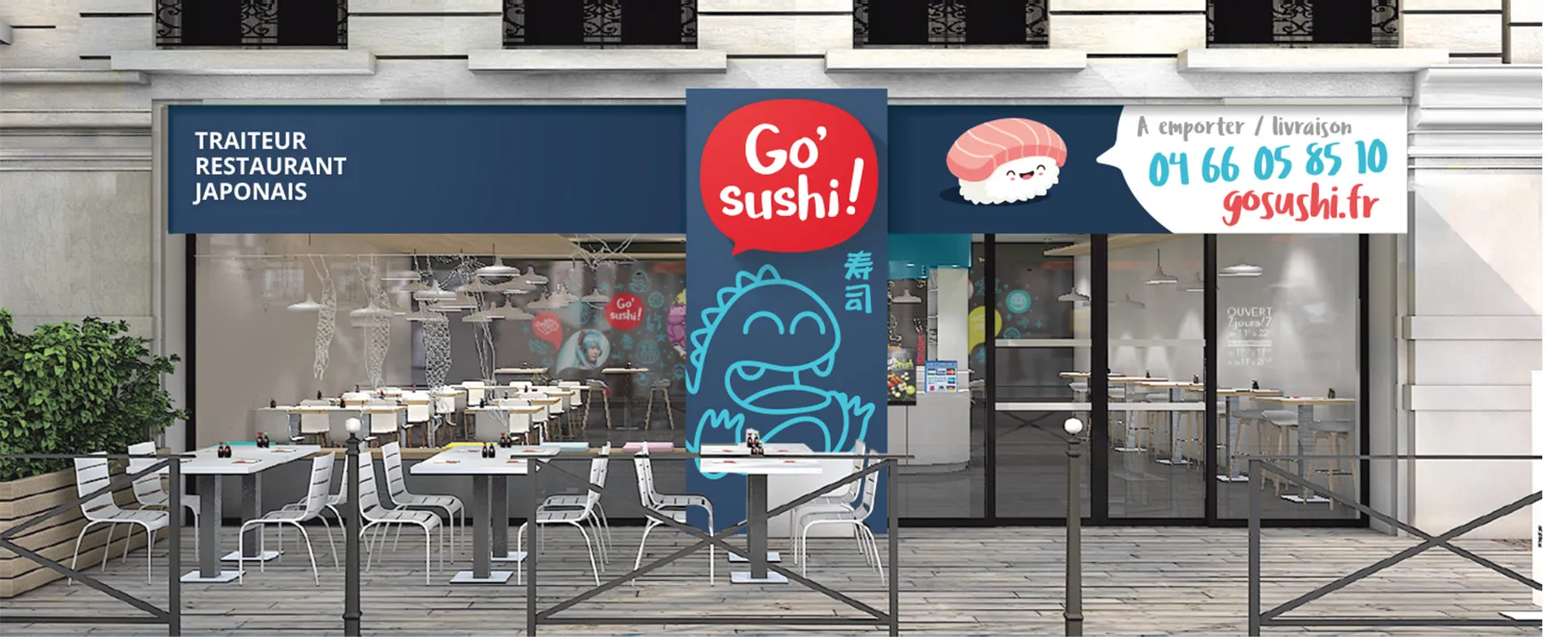 Front of the Go Sushi Japanese restaurant with sign, outdoor terrace, illustrated logo and signage for takeout and delivery