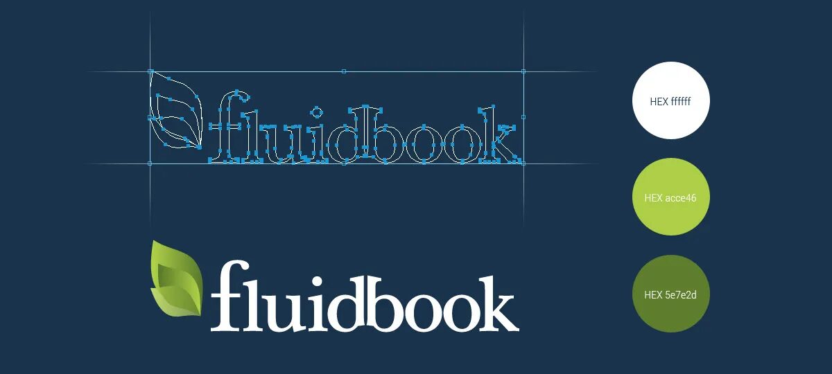 Fluidbook visual identity board with vector logo, leaf symbol and color palette midnight blue, white and green