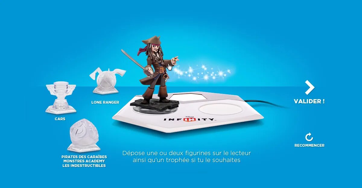 Disney Infinity interface showing the figure player, complete with Jack Sparrow character, adventure trophies and validation button