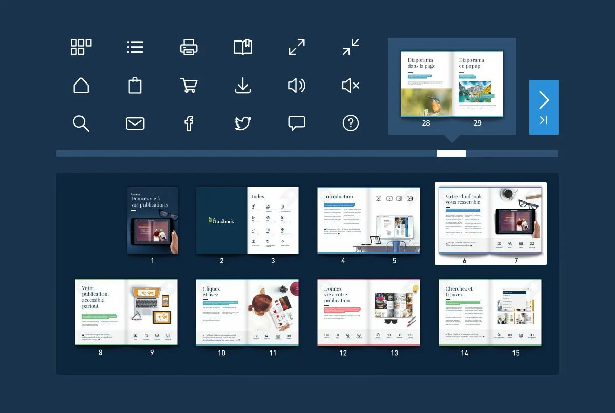 Fluidbook interface with toolbar, visual summary, page thumbnails and interactive navigation in a digital catalog