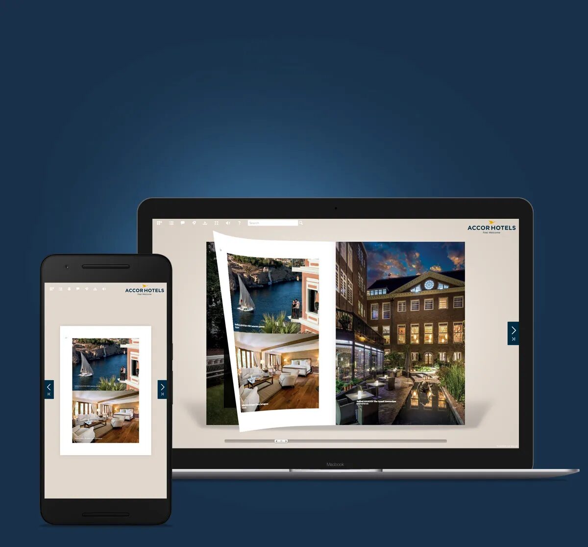 Responsive Fluidbook interface displaying an interactive Accor Hotels catalog on laptop and smartphone