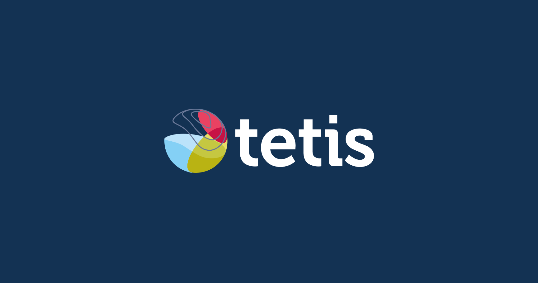 Official Tetis logo in white letters next to an abstract multi-coloured spherical symbol on a navy blue background