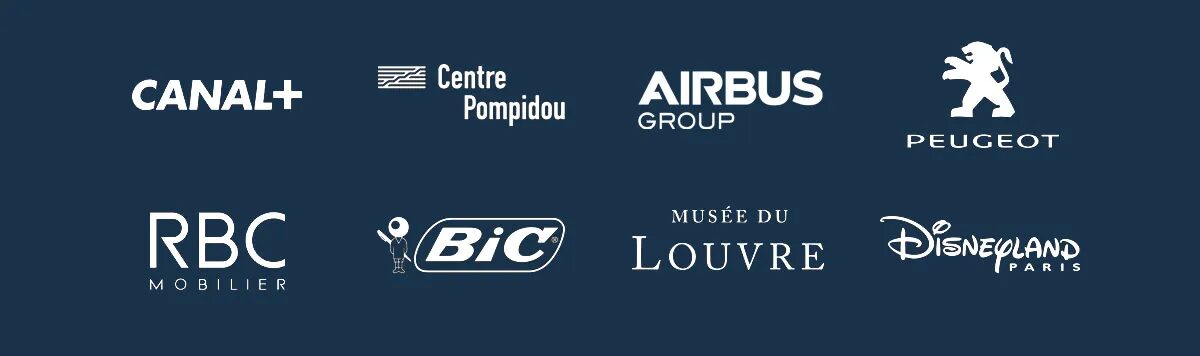 Fluidbook customer logos with prestigious references such as Canal+, Centre Pompidou, Airbus Group, Peugeot, Louvre and Disneyland Paris