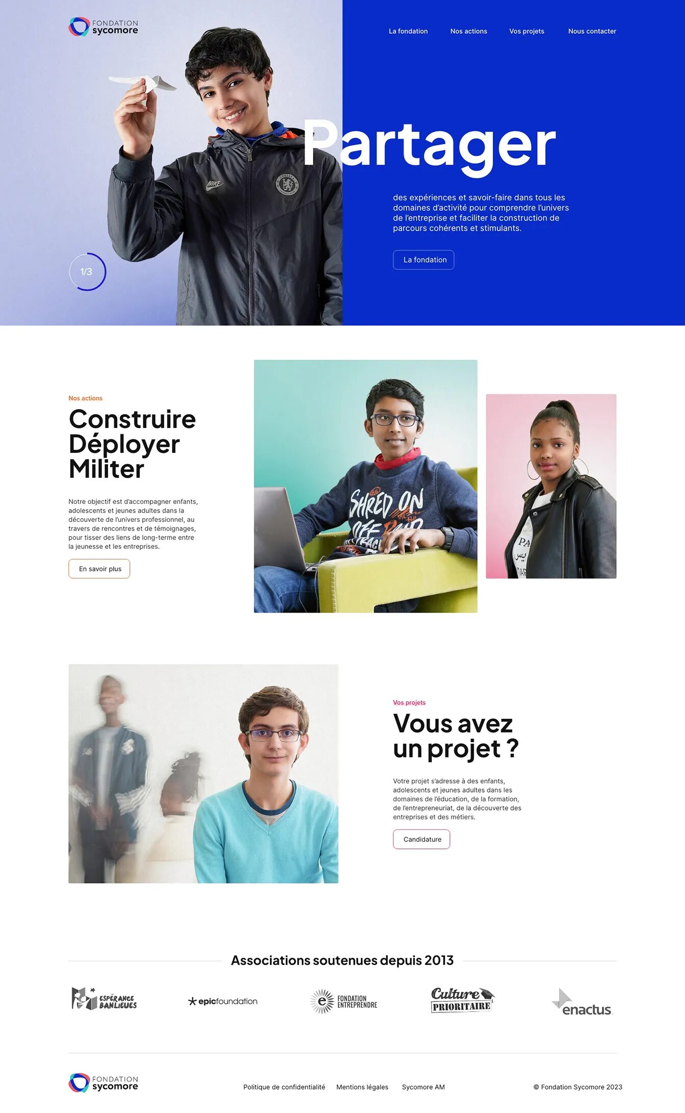 Desktop mock-up of the Fondation Sycomore website, with split-screen home page, portrait of a young man holding a paper airplane, navigation and "Share" message.