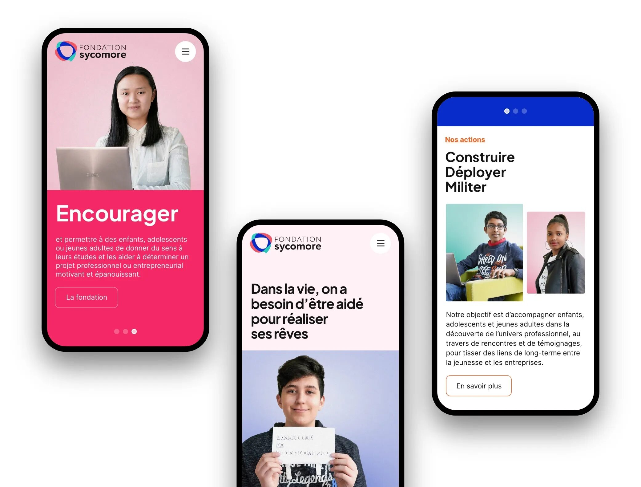 Mobile models of the Fondation Sycomore website, presenting the foundation's actions to support young people in their studies, their orientation and their professional integration