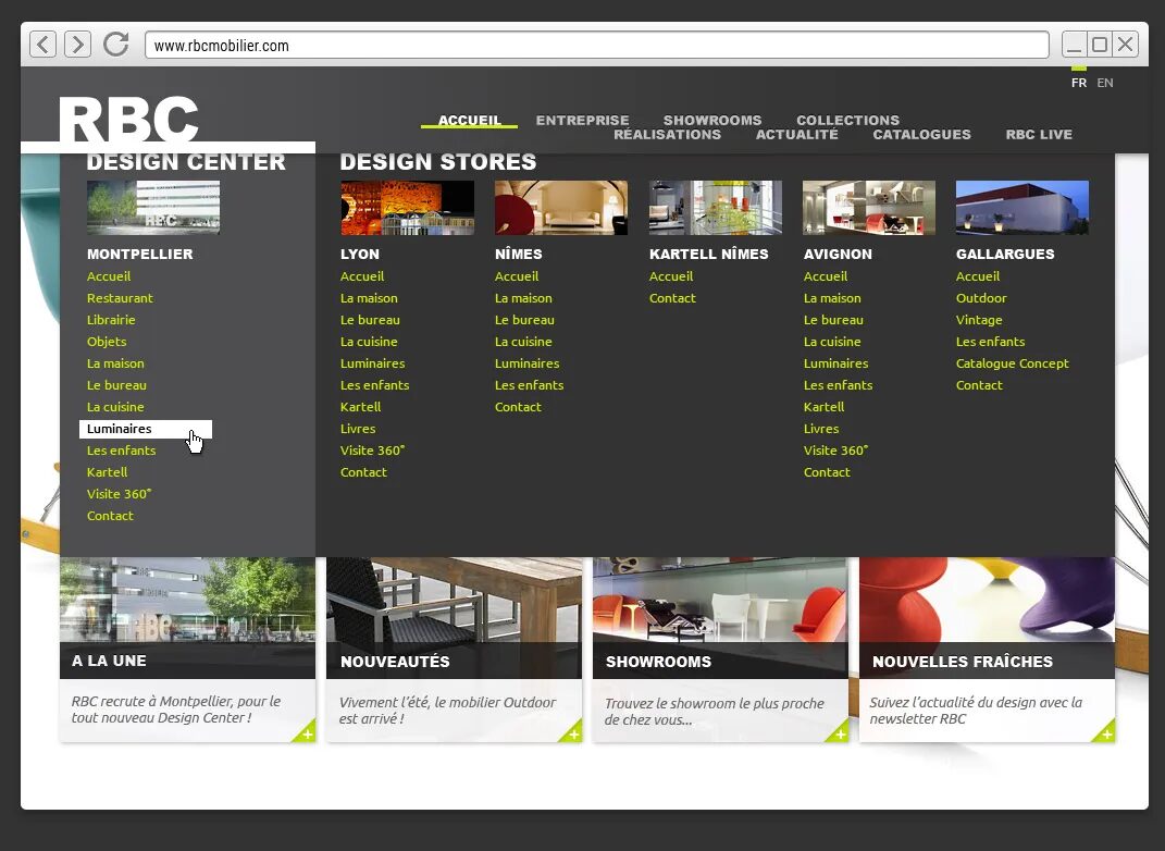 RBC Furniture drop-down menu showcasing design stores, showrooms and furniture categories by city