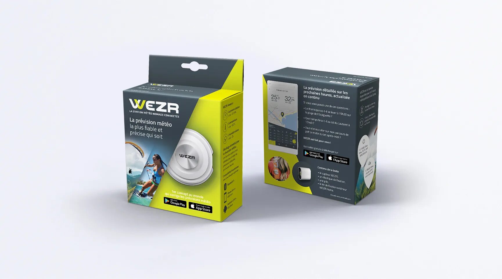 Wezr packaging for connected nomadic weather station, with product presentation, mobile app and local weather forecast.