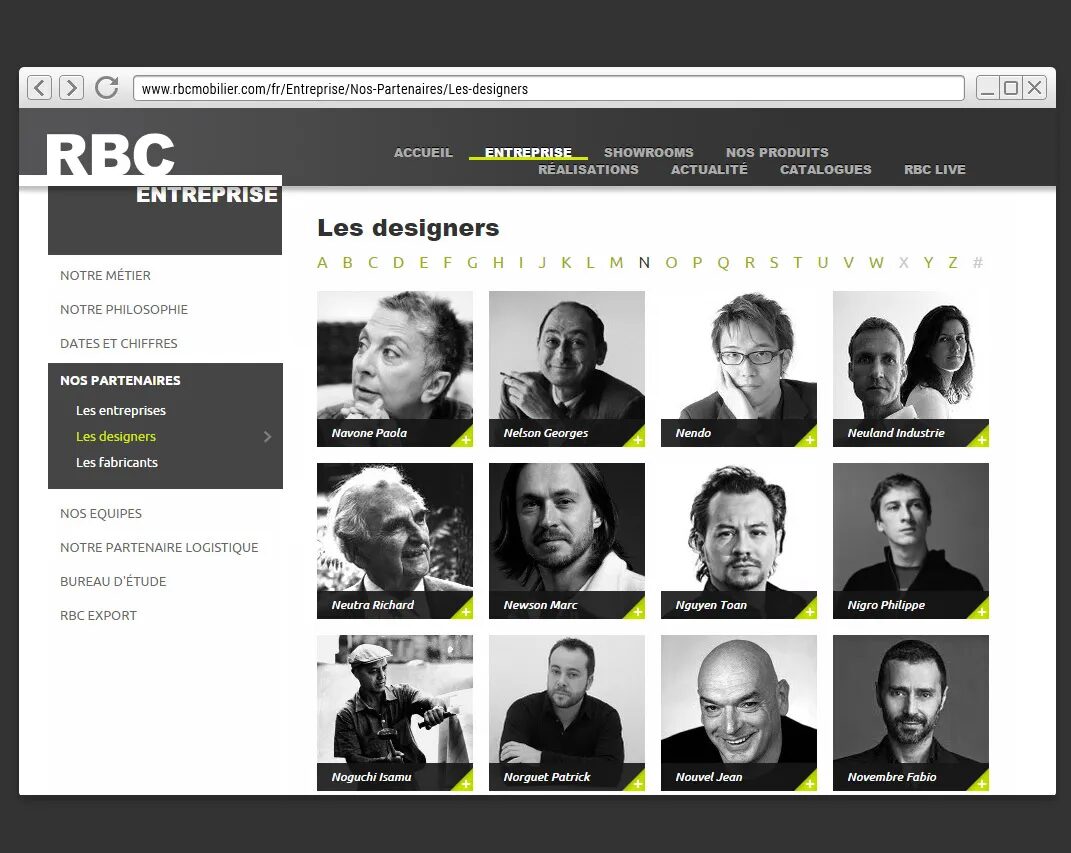 Designers page on the RBC Furniture website featuring an alphabetical list of designers, black and white portraits and browsing by design partners