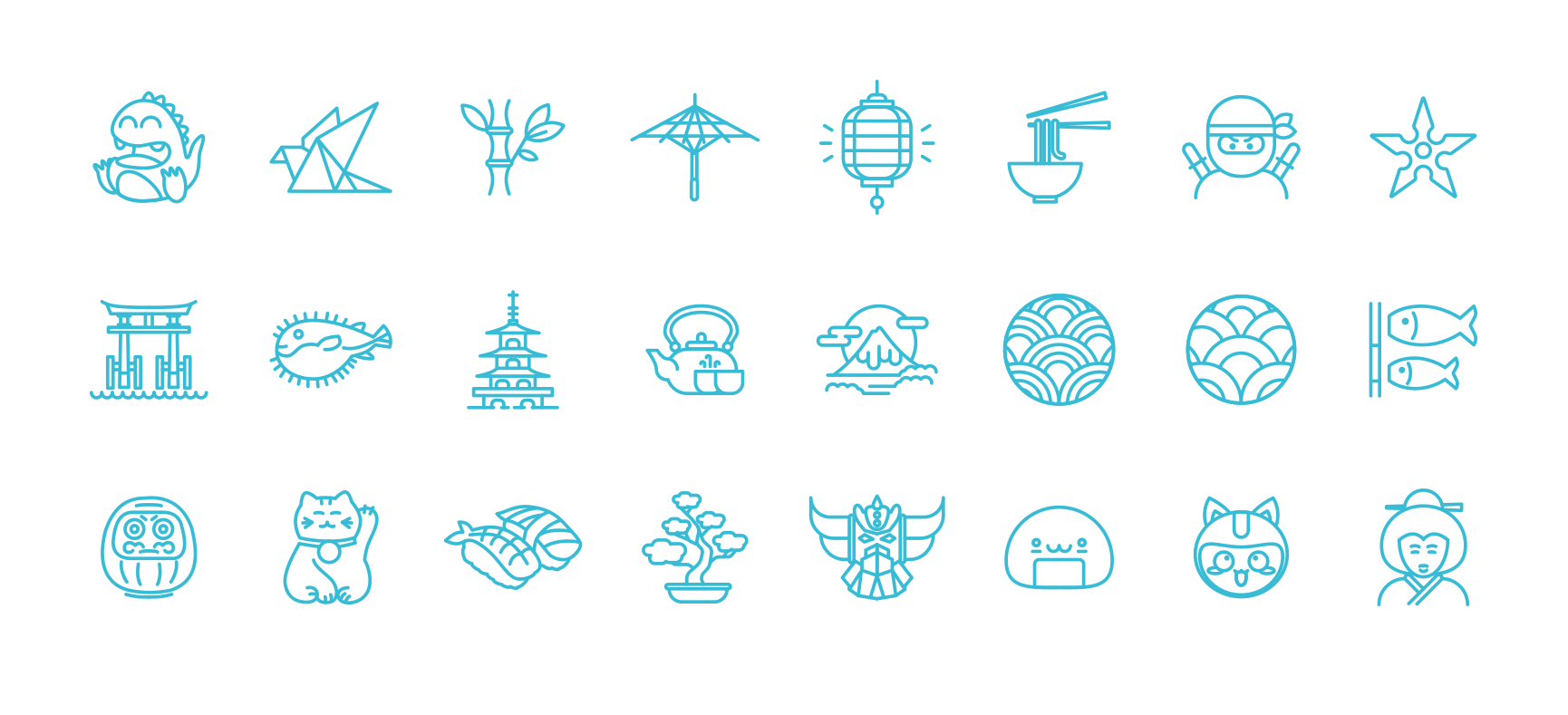 Japanese Go Sushi pictograms illustrating the world of the restaurant with sushi, ninja, origami, ramen, daruma and traditional symbols