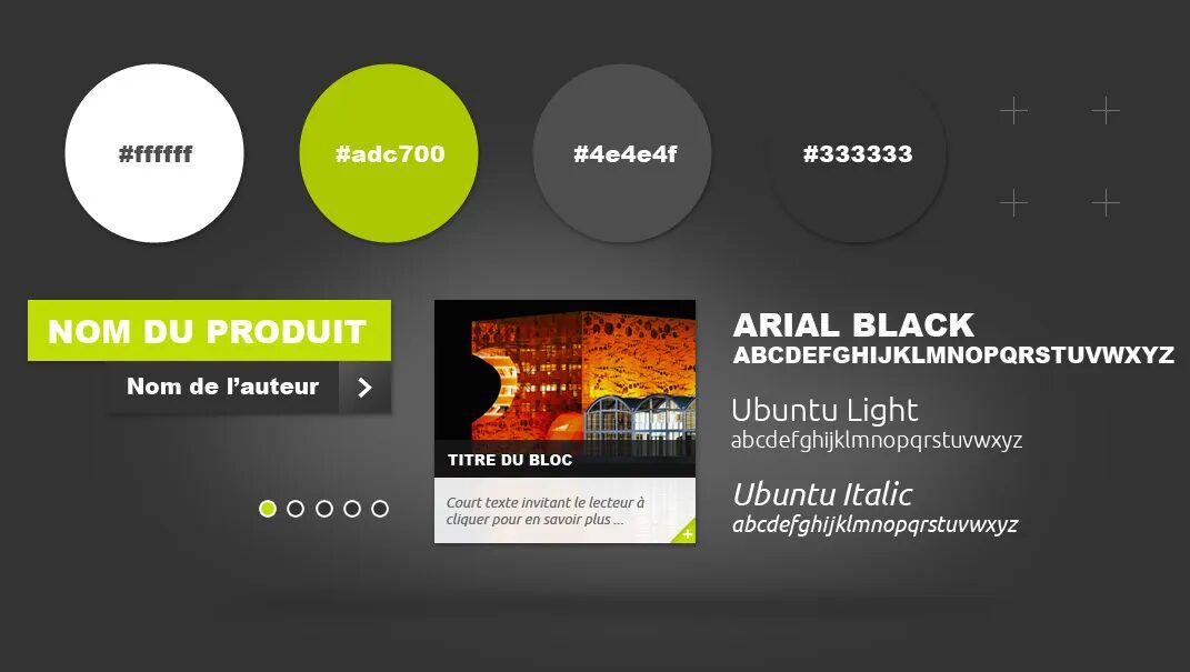 RBC Furniture Graphics Board with Color Palette, Fonts, Interface Buttons and Sample Content Blocks for Design Catalog
