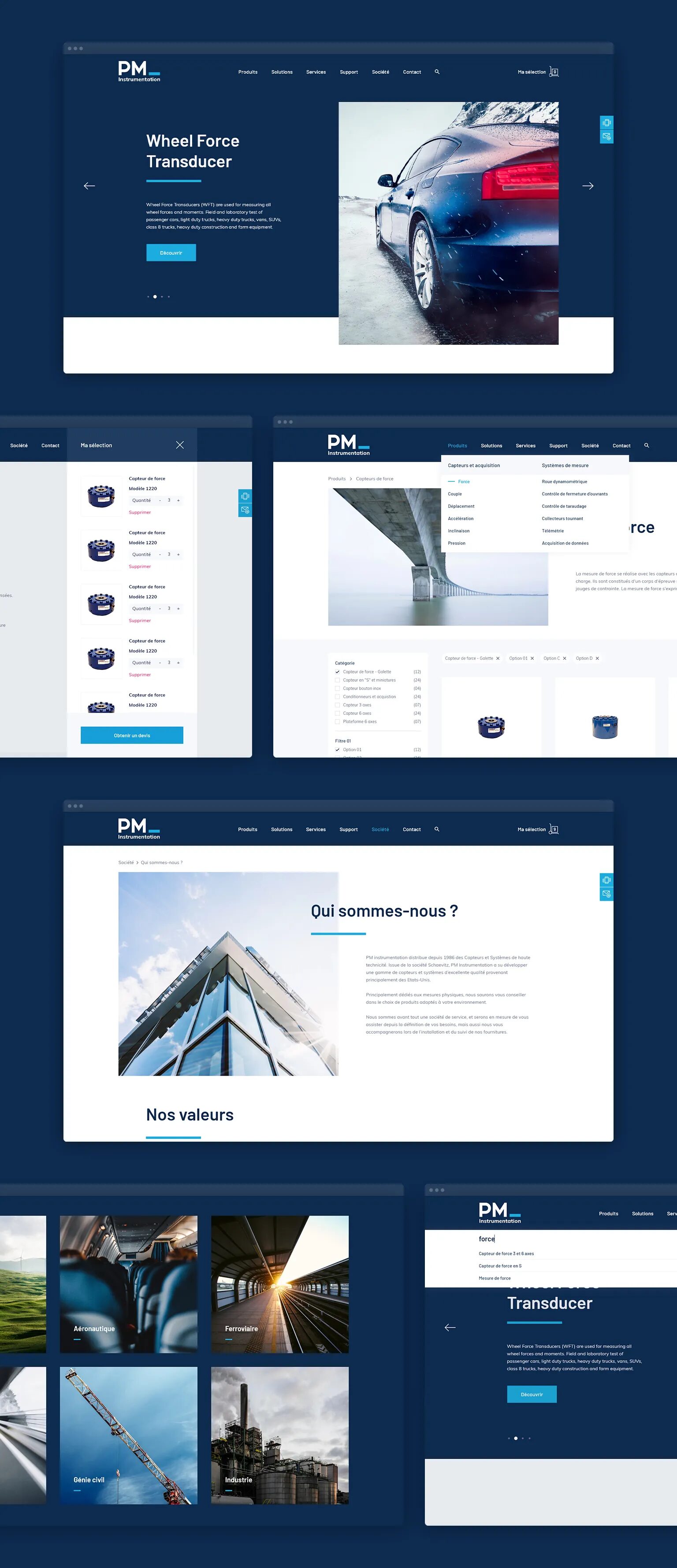 PM Instrumentation site interface showcasing force transducers, wheel transducers and industrial measurement solutions