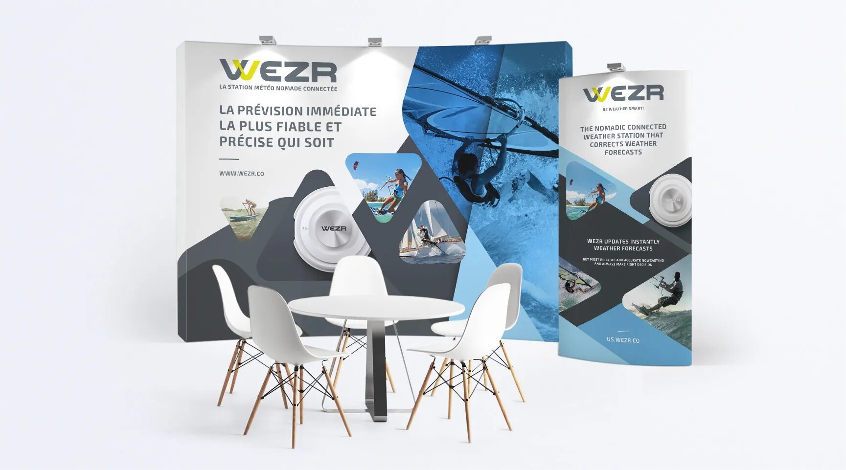 Wezr exhibition stand with graphic design, kakemono and promotional visuals for a connected nomadic weather station dedicated to outdoor sports.