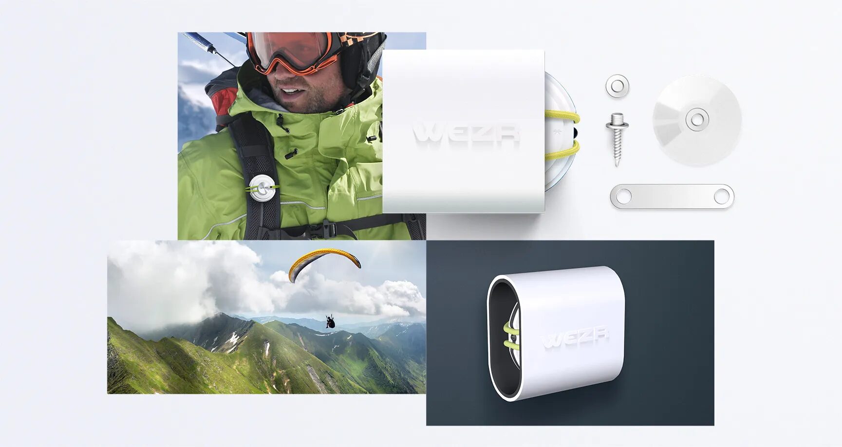 Wezr connected nomadic weather station worn in the mountains, with product views, fixing system and paragliding use.