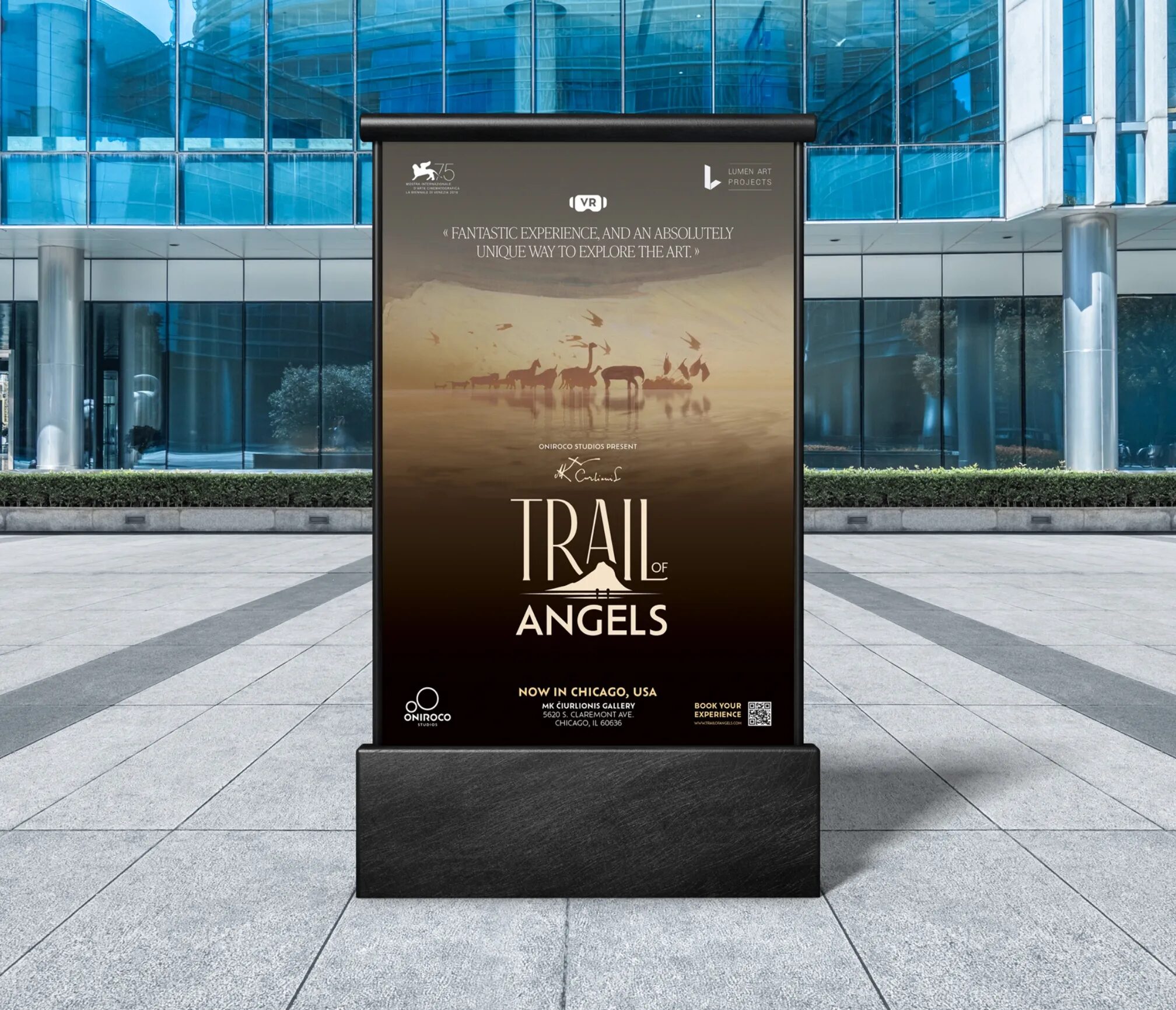 Trail of Angels visual for artistic VR experience, with promotional quote, partner logos, and dreamy scene of animals at the water's edge