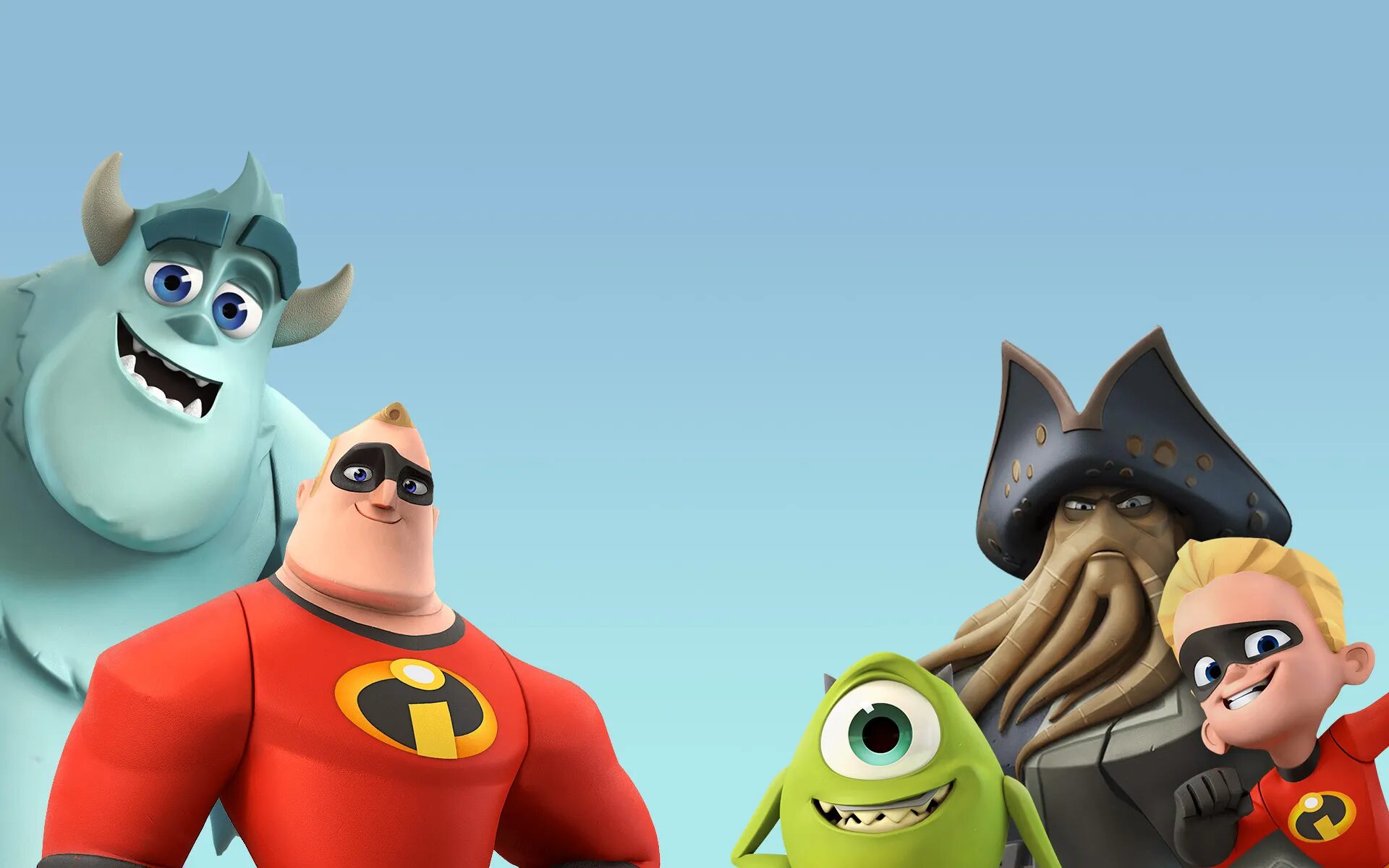 Visuel Fnac & Disney pour mini-site boutique Disney Infinity, avec personnages Disney et Pixar en 3D sur fond bleu.