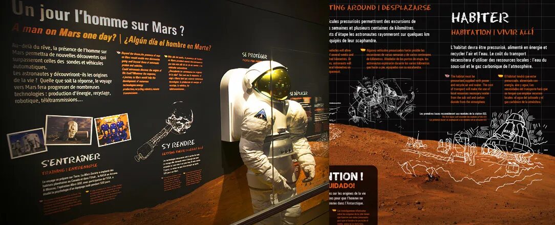 Scenography design exhibition Cité de l'Espace - One day man on Mars astronaut spacesuit by cubedesigners