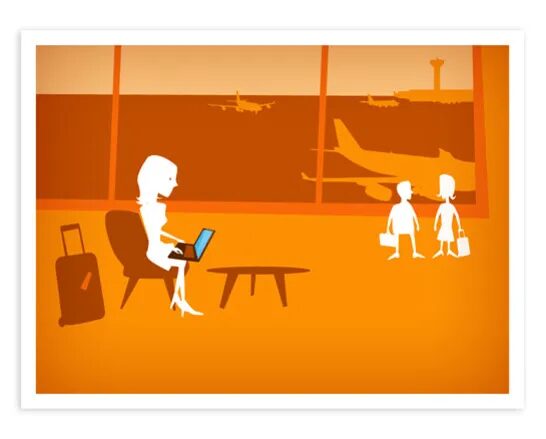 Airport illustration with female traveler and passengers in silhouette.