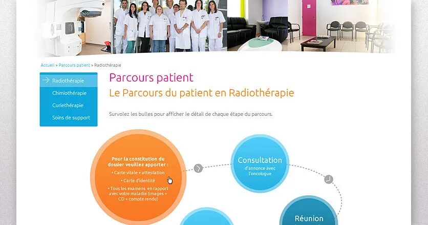Design interactive page Centre de Cancérologie du Grand Montpellier - patient pathway, radiotherapy stages, consultation, medical team by cubedesigners