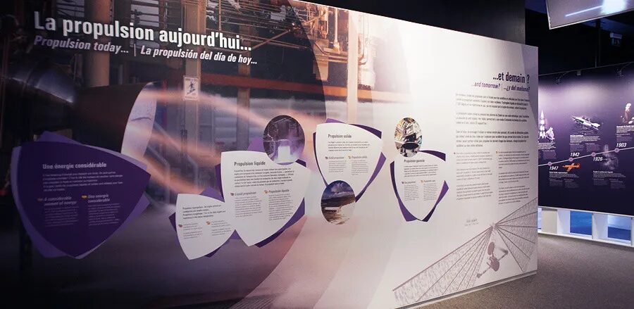 Design scenography exhibition Cité de l'Espace - space propulsion panel liquid solid gaseous today and tomorrow by cubedesigners