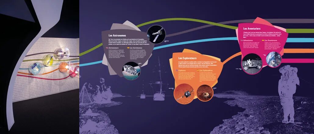 Design scenography exhibition Cité de l'Espace - astronomers, explorers, adventurers, multilingual space conquest by cubedesigners