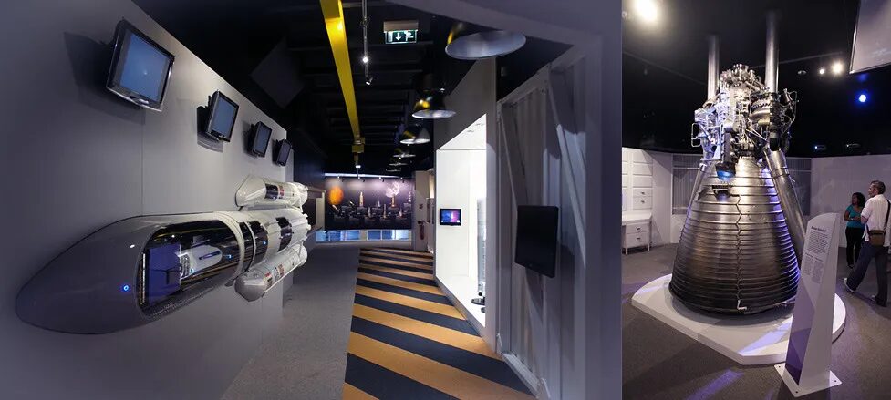 Design scenography exhibition Cité de l'Espace - room model of rocket engine Ariane space propulsion by cubedesigners