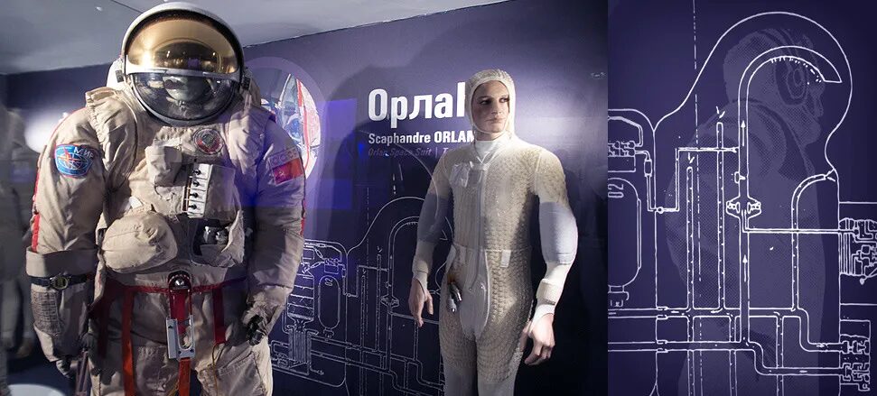 Design scenography exhibition Cité de l'Espace - Orlan spacesuit, Russian spacesuit, astronaut by cubedesigners