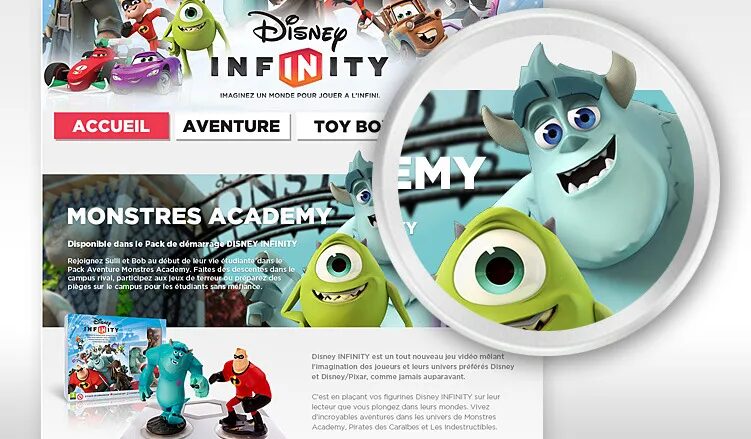 Disney Infinity Website Design - page Monsters Academy Sulley Bob video game Disney Pixar universe by cubedesigners