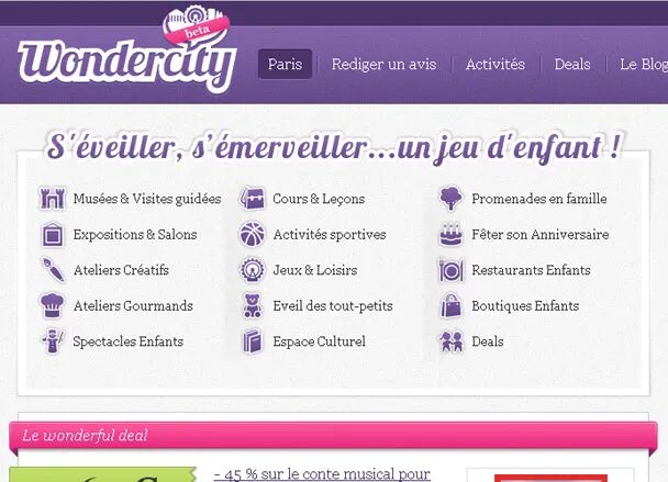 Wondercity website with categories of activities for children.
